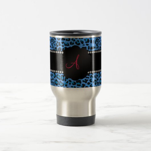 Blaues Leopardmuster des Monogramms Reisebecher (Mittel)