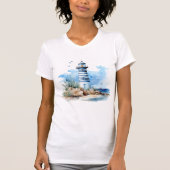 Blaues Leuchtturm Wasserfarbe Frauen T-Shirt (Vorderseite)