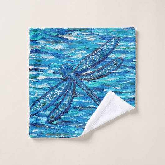 Blaues Libellenbild Badhandtuch Set (Waschlappen)