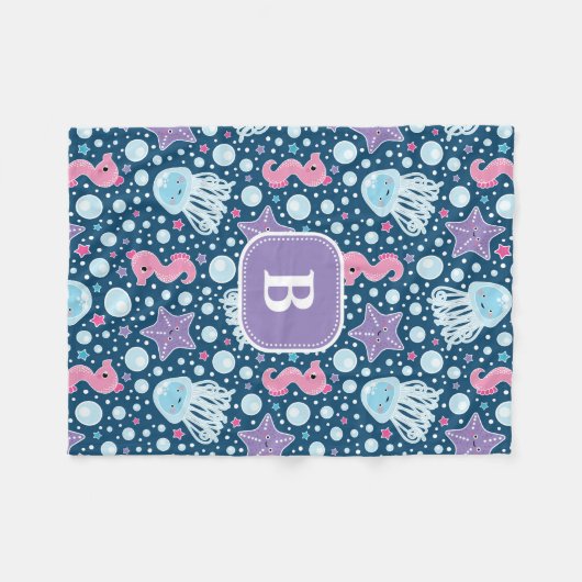 Blaues Lila des Monogramm-| Quallen-u. der Fleecedecke (Vorderseite (Horizontal))