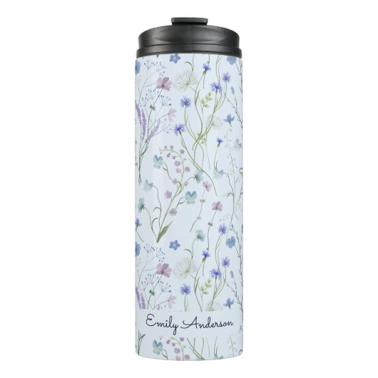 Blaues Lila Hübsches Wildblume Blumenmuster Thermosbecher (Vorderseite)