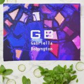 Blaues lila Monogramm abstraktes farbiges, lebhaft Geschirrtuch (Gefaltet)