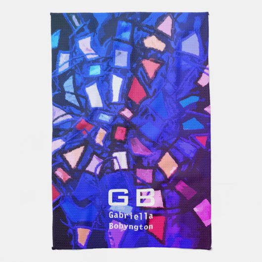 Blaues lila Monogramm abstraktes farbiges, lebhaft Geschirrtuch (Vertikal)