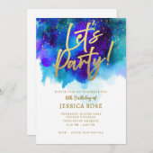 Blaues Lila Party Einladung mit Goldakzent (Vorne/Hinten)