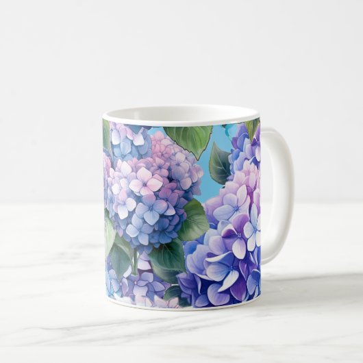 Blaues Lila rosa Hydrangea-Muster Kaffeetasse (VorderseiteRechts)