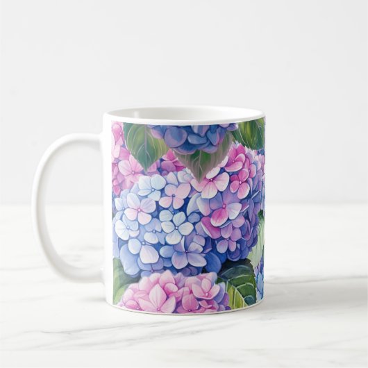 Blaues Lila rosa Hydrangea-Muster Kaffeetasse (Links)