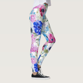 Blaues lila Watercolor-Blumenmitternachtsmuster Leggings