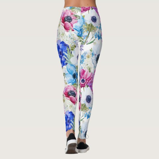 Blaues lila Watercolor-Blumenmitternachtsmuster Leggings (Rückseite)