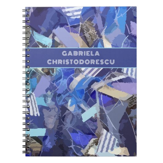 Blaues, lila, weißes Monogramm abstraktes Stripmus Notizblock (Vorderseite)