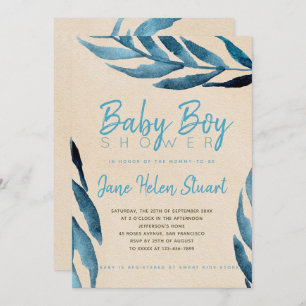 Blaues Lorbeerblätterblatt Babydusche einladen Einladung