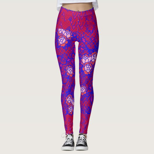 Blaues Luminous-Netz mit Blume 01 Rot BG Leggings (Vorderseite)
