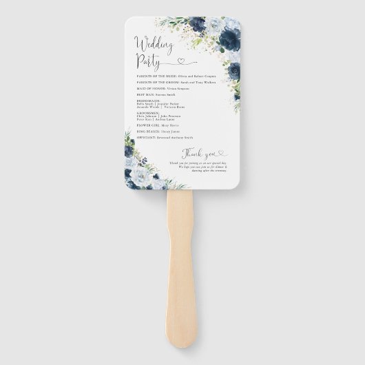 Blaues Marine-Blumen-Hochzeitsprogramm-Handfächer Fächer (Rückseite)