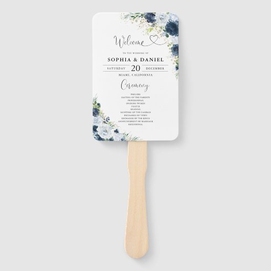 Blaues Marine-Blumen-Hochzeitsprogramm-Handfächer Fächer (Vorderseite)