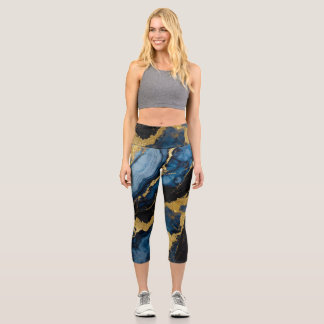 Blaues Marmormuster mit Gold Capri Leggings