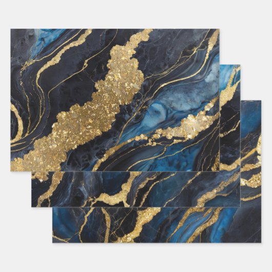 Blaues Marmormuster mit Gold Geschenkpapier Set (Set)