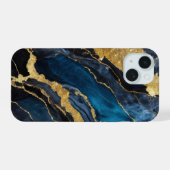 Blaues Marmormuster mit Gold iPhone 15 Hülle (Rückseite (Horizontal))