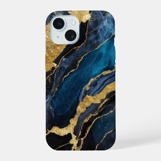 Blaues Marmormuster mit Gold iPhone 15 Hülle (Rückseite)