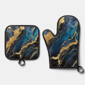 Blaues Marmormuster mit Gold Ofenhandschuh & Topflappen-Set (Vorderseite)