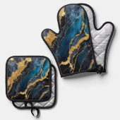 Blaues Marmormuster mit Gold Ofenhandschuh & Topflappen-Set (Vorderseite/Rückseite)
