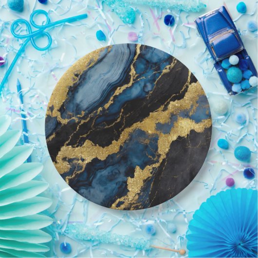 Blaues Marmormuster mit Gold Pappteller (Party)