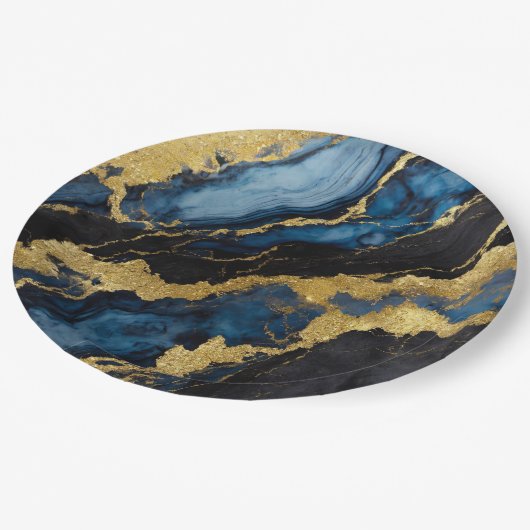 Blaues Marmormuster mit Gold Pappteller (Schrägansicht)