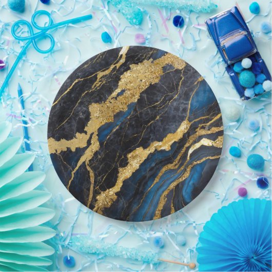 Blaues Marmormuster mit Gold Pappteller (Party)