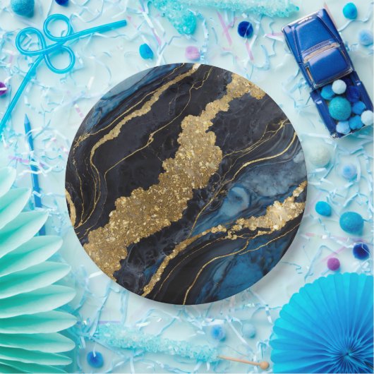 Blaues Marmormuster mit Gold Pappteller (Party)