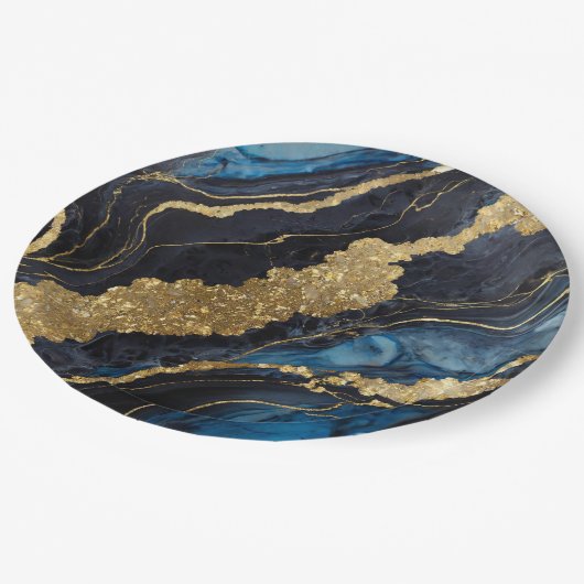 Blaues Marmormuster mit Gold Pappteller (Schrägansicht)