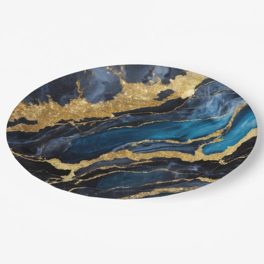 Blaues Marmormuster mit Gold Pappteller (Schrägansicht)