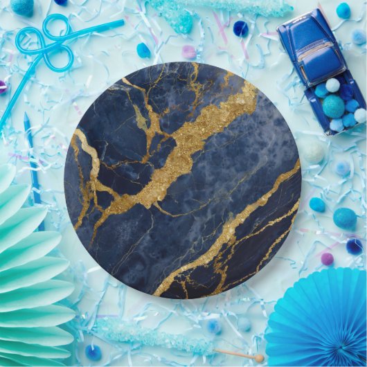 Blaues Marmormuster mit Gold Pappteller (Party)