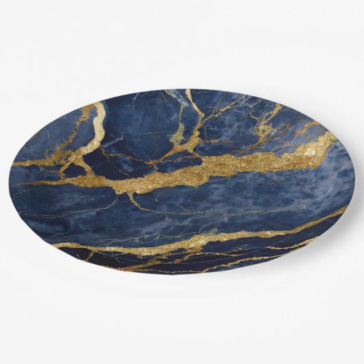 Blaues Marmormuster mit Gold Pappteller (Schrägansicht)