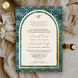 Blaues marokkanisches Muster Sikh Bogen Hochzeit G Folieneinladung