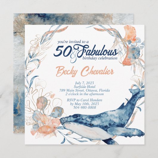 Blaues Meer am Strand, fünfzig und wunderbarer Geb Einladung (Vorne/Hinten)