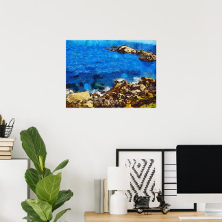 Blaues Meer und felsige Küste im Stil von Van Gogh Poster