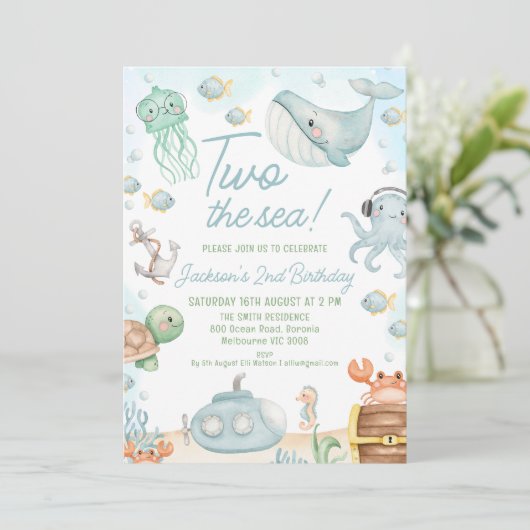Blaues Meer - zwei Meereslebewesen am 2. Geburtsta Einladung (Stehend Vorderseite)