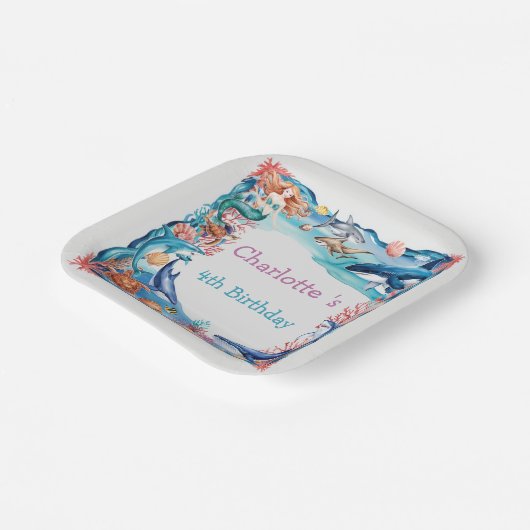 Blaues Meerjungfisch Geburtstag Pappteller (Gewinkelt)