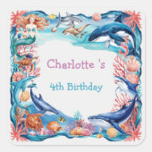 Blaues Meerjungfisch Geburtstag Quadratischer Aufkleber (Vorderseite)