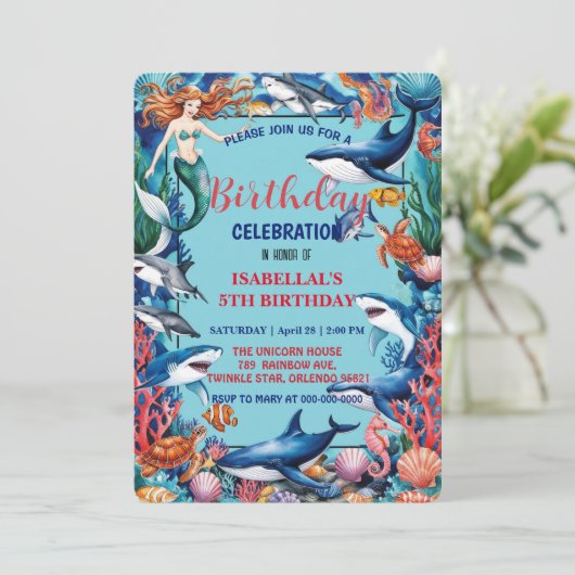 Blaues Meerjungfisch Geburtstag Save The Date (Stehend Vorderseite)