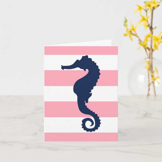 Blaues Meerpferd auf rosa Streifen Karte (Gelbe Blume)