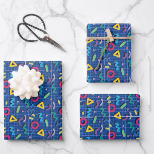 Blaues Memphis-Muster Geschenkpapier Set