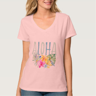 Blaues Minzen-Aloha tropisches mit BlumenAquarell T-Shirt