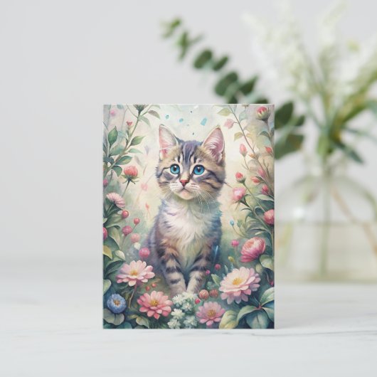 Blaues Mit Augen Kätzchen Postkarte (Stehend Vorderseite)