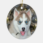 Blaues mit Augen sibirisches Weihnachtsfest Keramikornament (Links)