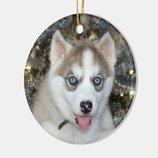 Blaues mit Augen sibirisches Weihnachtsfest Keramikornament (Links)