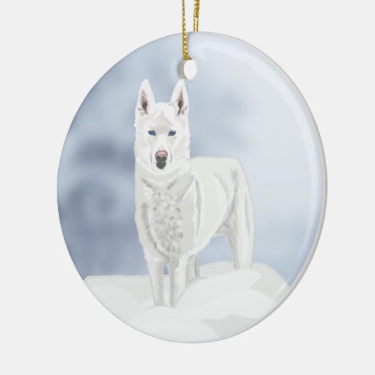 Blaues mit Augen, weißes Husky im Schnee Keramik Ornament (Links)