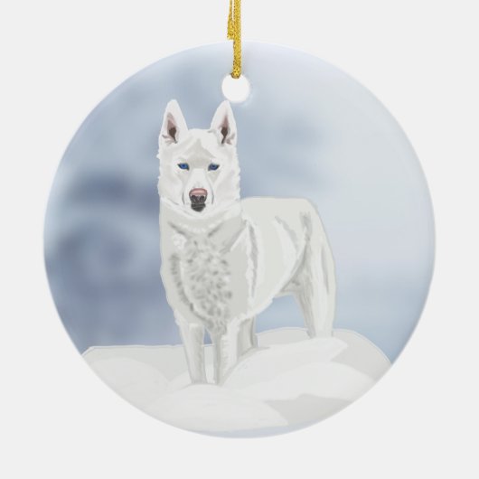 Blaues mit Augen, weißes Husky im Schnee Keramik Ornament (Hinten)