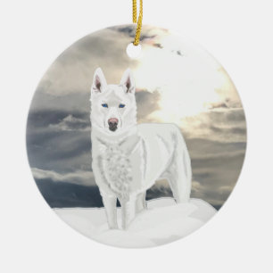 Blaues mit Augen, weißes Husky im Schnee Keramik Ornament