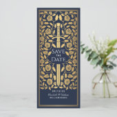 Blaues mittelalterliches Schwert Save the Date Ein Einladung (Stehend Vorderseite)