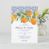 Blaues Mittelmeer | Lemon Orange Wedding Einladung (Stehend Vorderseite)