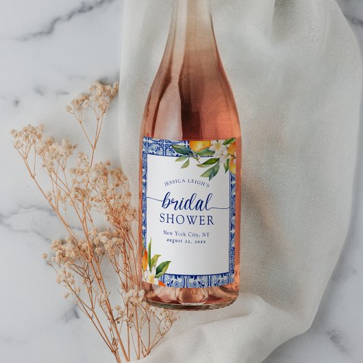 Blaues Mittelmeer-Orangen-Brautparty Weinetikett